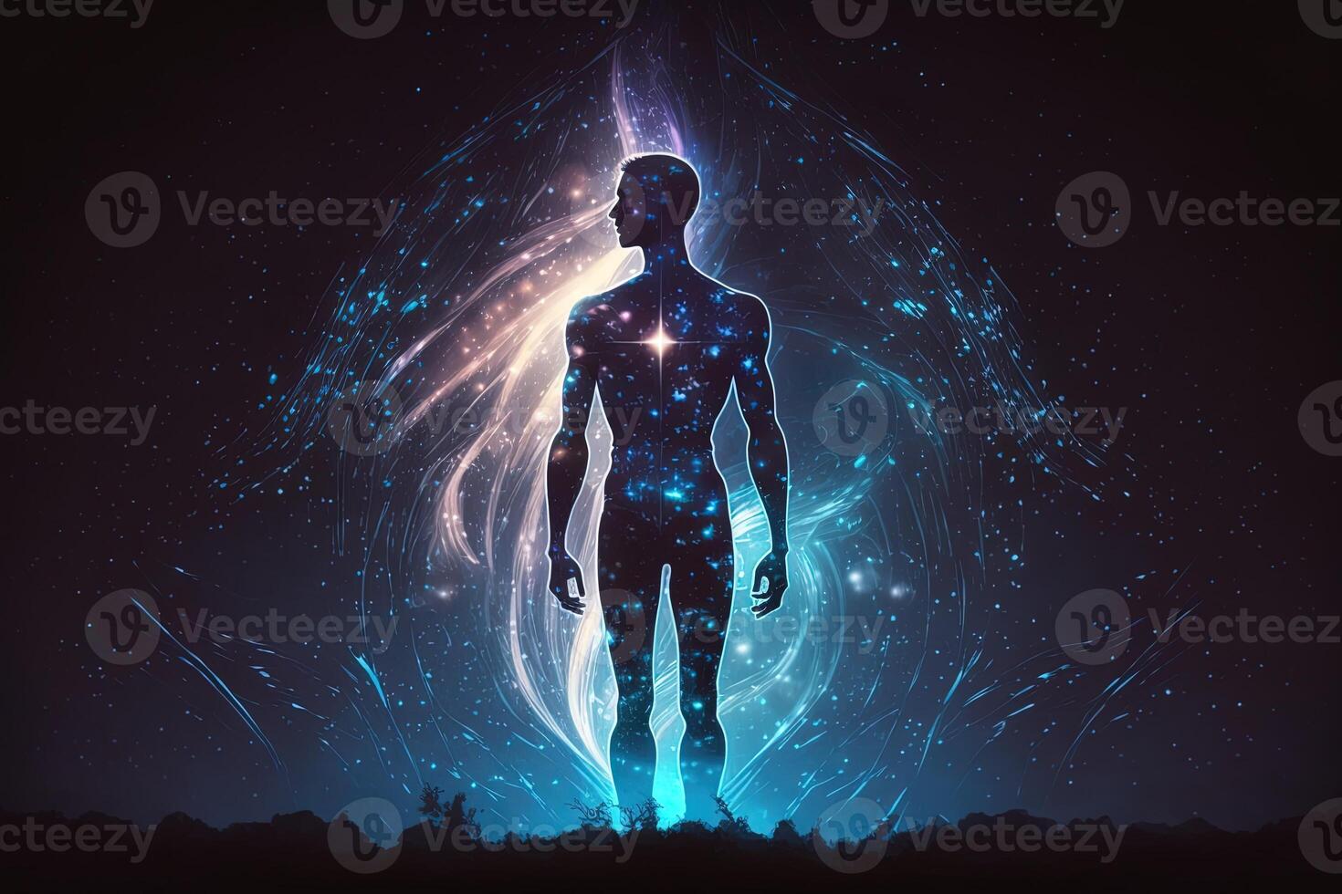 astral cuerpo silueta con resumen espacio antecedentes. esotérico, espiritual vida y meditación concepto. vida futura y conexión con otro mundos creado con generativo ai foto