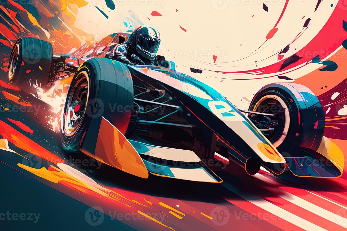 Futuristic racing formula at fast ride to finish. Post product digital illustration. Racing car in motion, Powerful acceleration of a car on a night track with colorful lights and trails photo