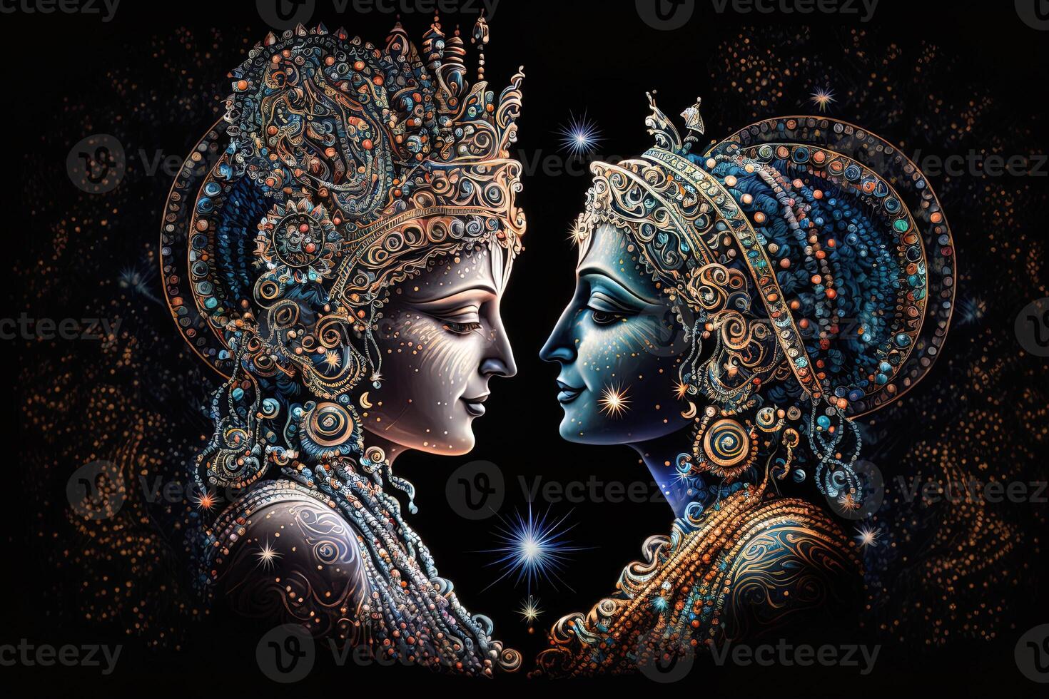 Radha krishna in love medium shot photography portrait of cosmic galactic . symbol of Devine Love. Art Print For Home Decor hindu couple on abstract decorative background photo