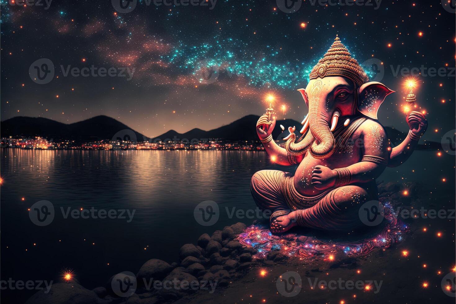 There are many galactic stars in the night sky of a huge massive GANESHA statue, with red lanterns rising in the sky, crowds watching the lantern festival. Ganesha Festival. photo