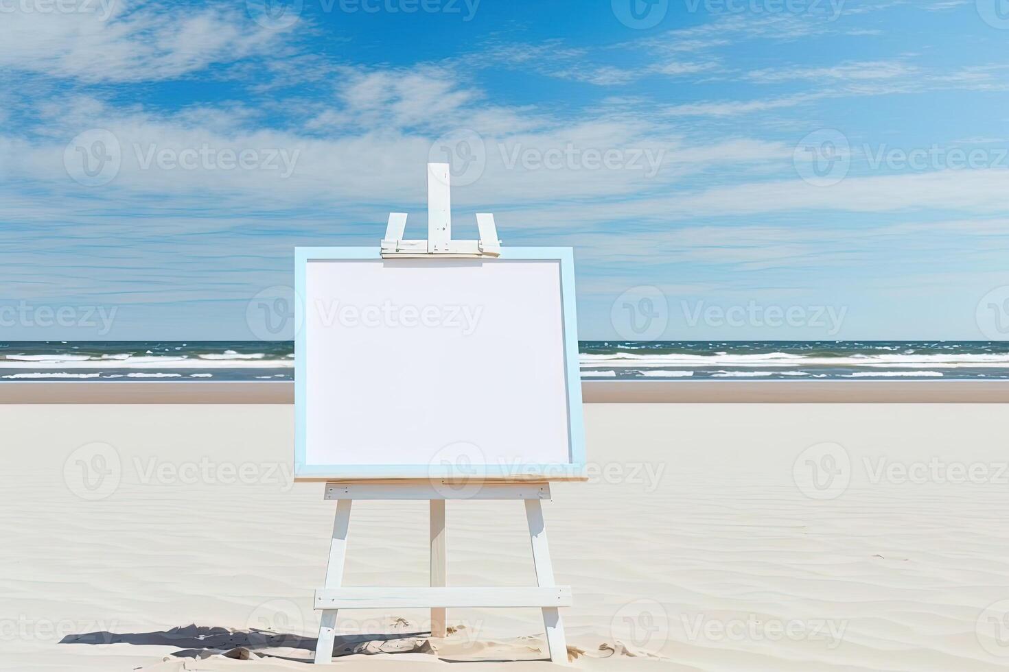 White blank artist frame on a small wooden easel on summer sea beach background with copy space. Advertising mockup artboard for pictures or artwork. Painting frame template banner. photo