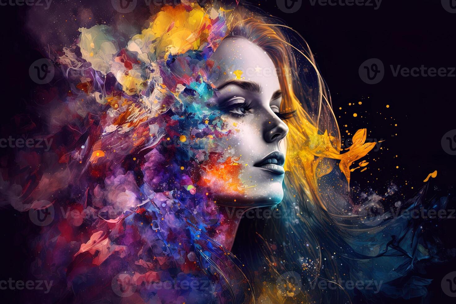 Beautiful fantasy abstract portrait of a beautiful woman double exposure with a colorful digital paint splash or space nebula, photo