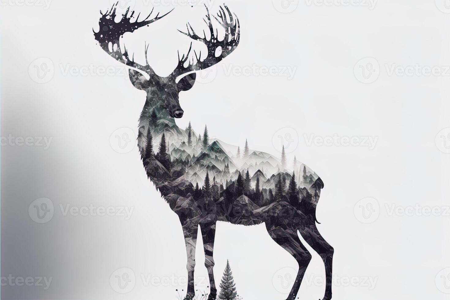 Double exposure of a deer and jungle on white background. Camping concept. Vintage Grizzly for t-shirt design, sticker, poster, and wallpaper. Adventure deer illustration photo