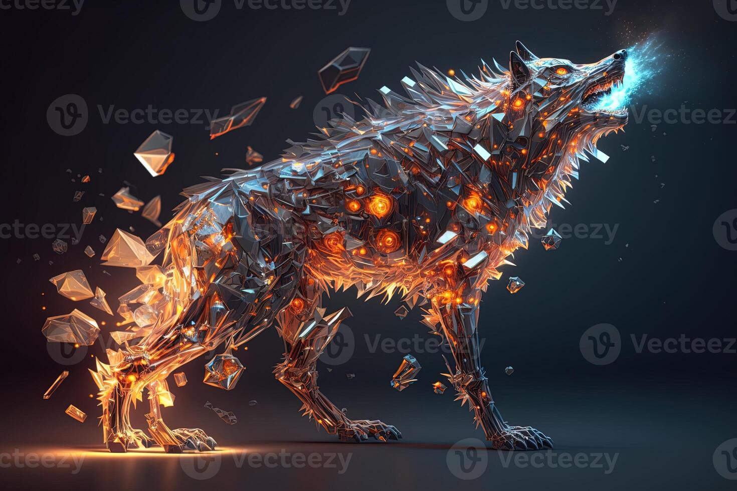 fusion of metal wolf exploding through fire surrounded by scattered glass shards and debris, cosmic energy photo