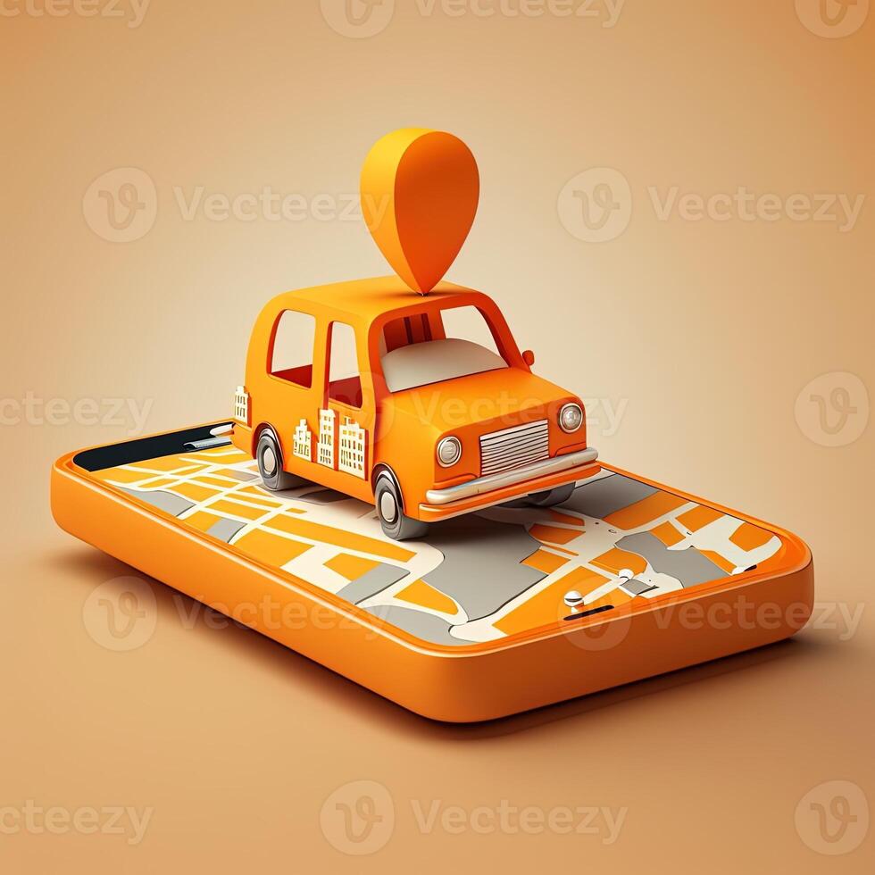 Online mobile application taxi ordering service , Orange taxi car driving along the route to the marker on a smart phone, on a city map. Car and satellite navigation systems concept. photo