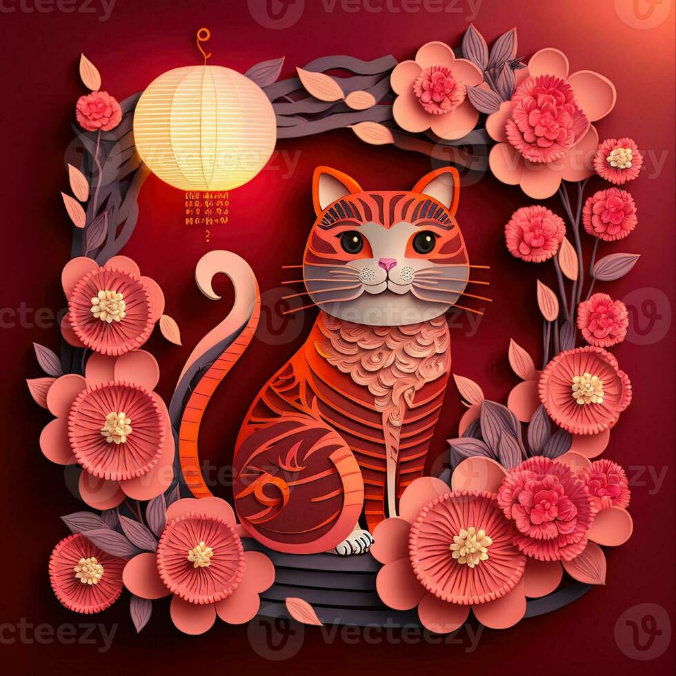 Paper cut quilling multidimensional chinese style cute zodiac cat with lanterns, blossom peach flower in background, chinese new year. Lunar new year 2023 concept photo