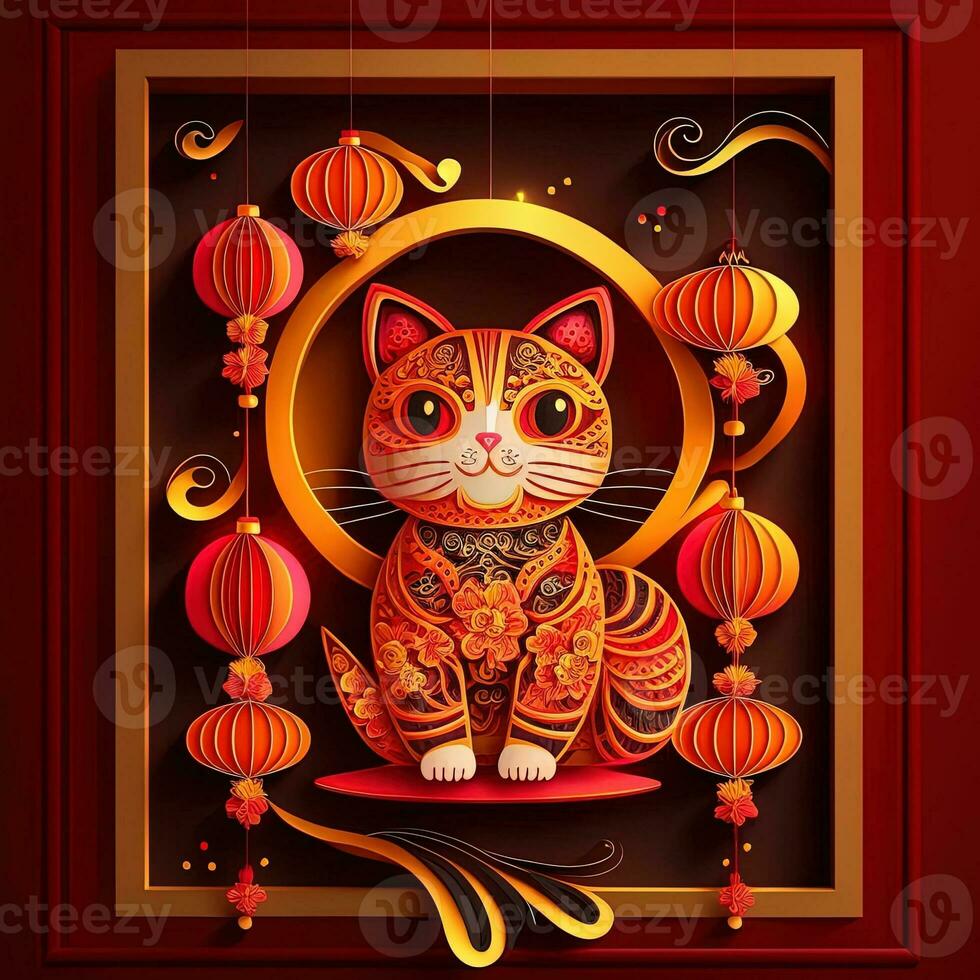 Paper cut quilling multidimensional chinese style cute zodiac cat with lanterns, blossom peach flower in background, chinese new year. Lunar new year 2023 concept photo