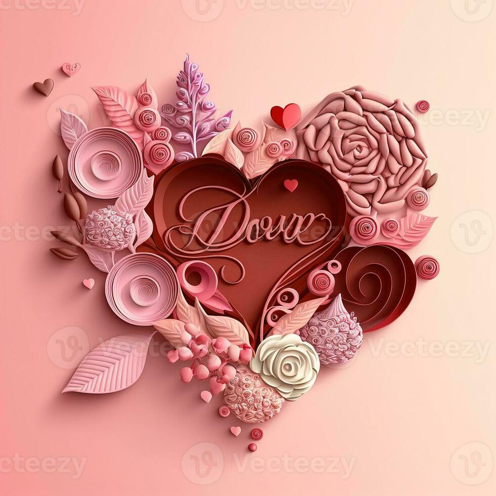 Paper cut quilling multidimensional valentine day with heart, flower and chocolate on pink background. Valentine day concept photo