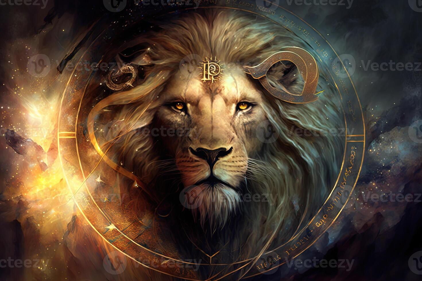 Backdrop of sacred zodiac Leo symbols, astrology, alchemy, magic, sorcery and fortune telling. digital painting. Zodiac sign Leo on the starry sky close up photo