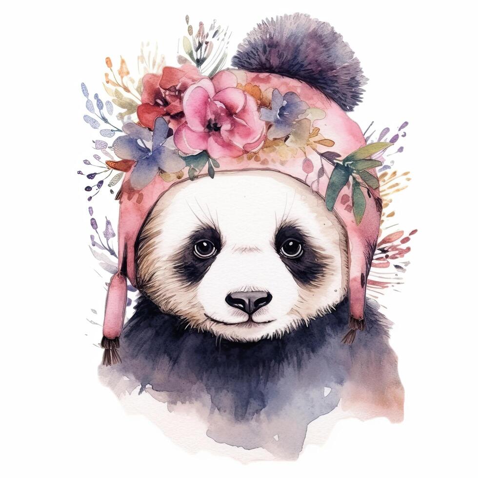 Watercolor panda in hat with flowers. Illustration photo