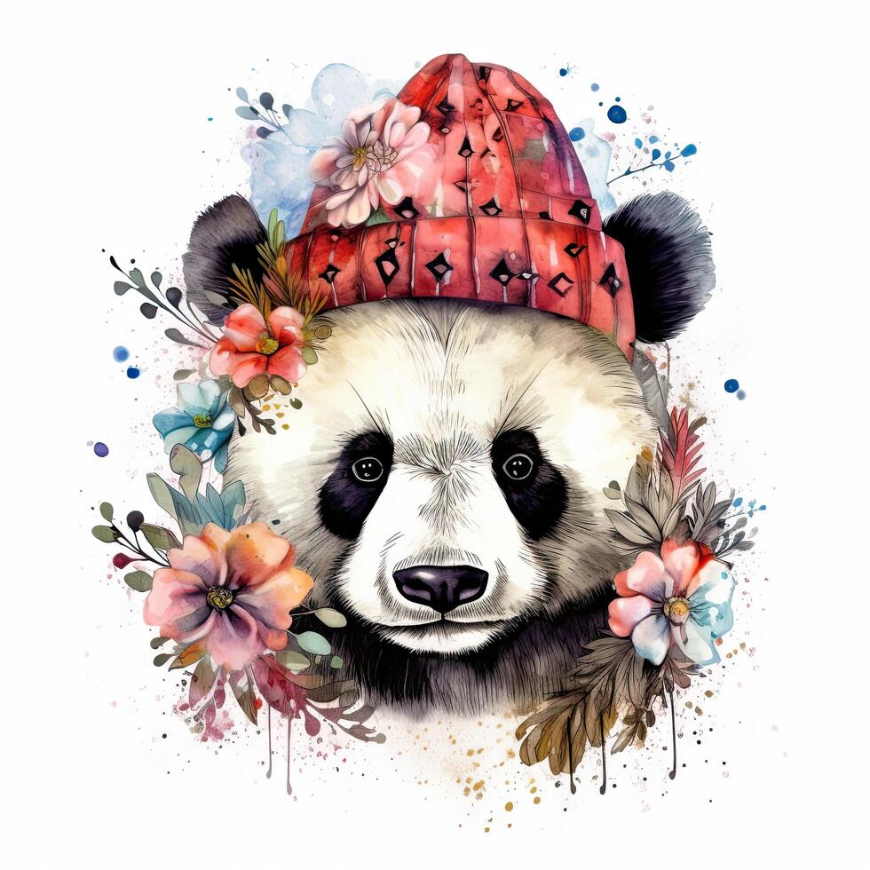 Watercolor panda in hat with flowers. Illustration photo