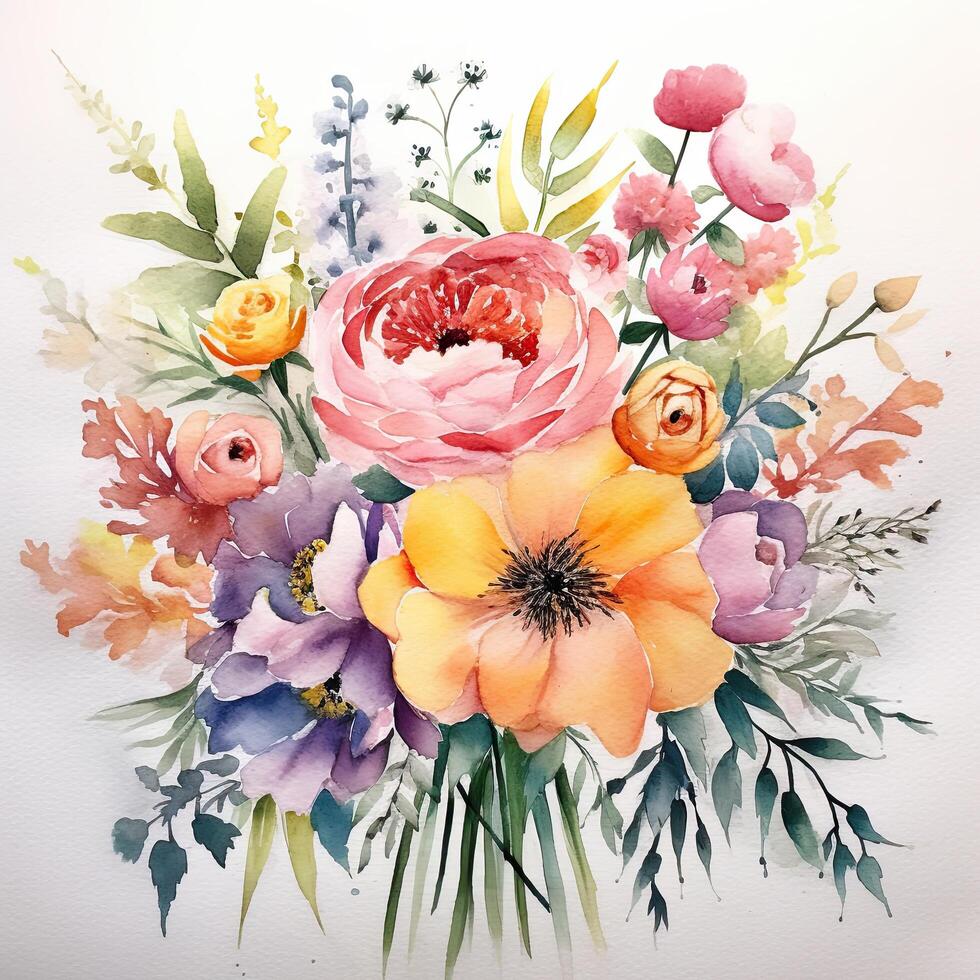 Watercolor flowe bouquet. Illustration photo