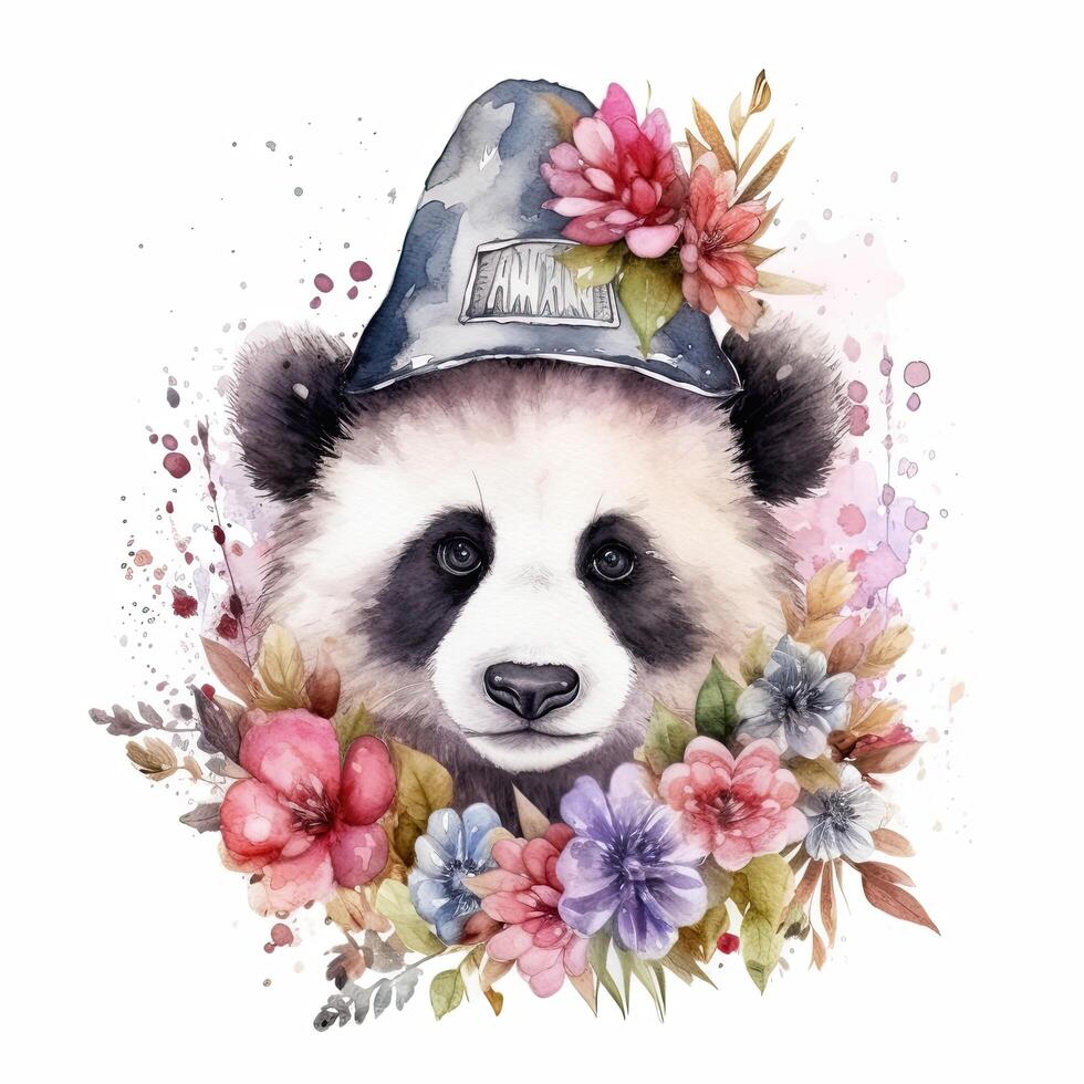 acuarela panda en sombrero con flores ilustración ai generativo foto
