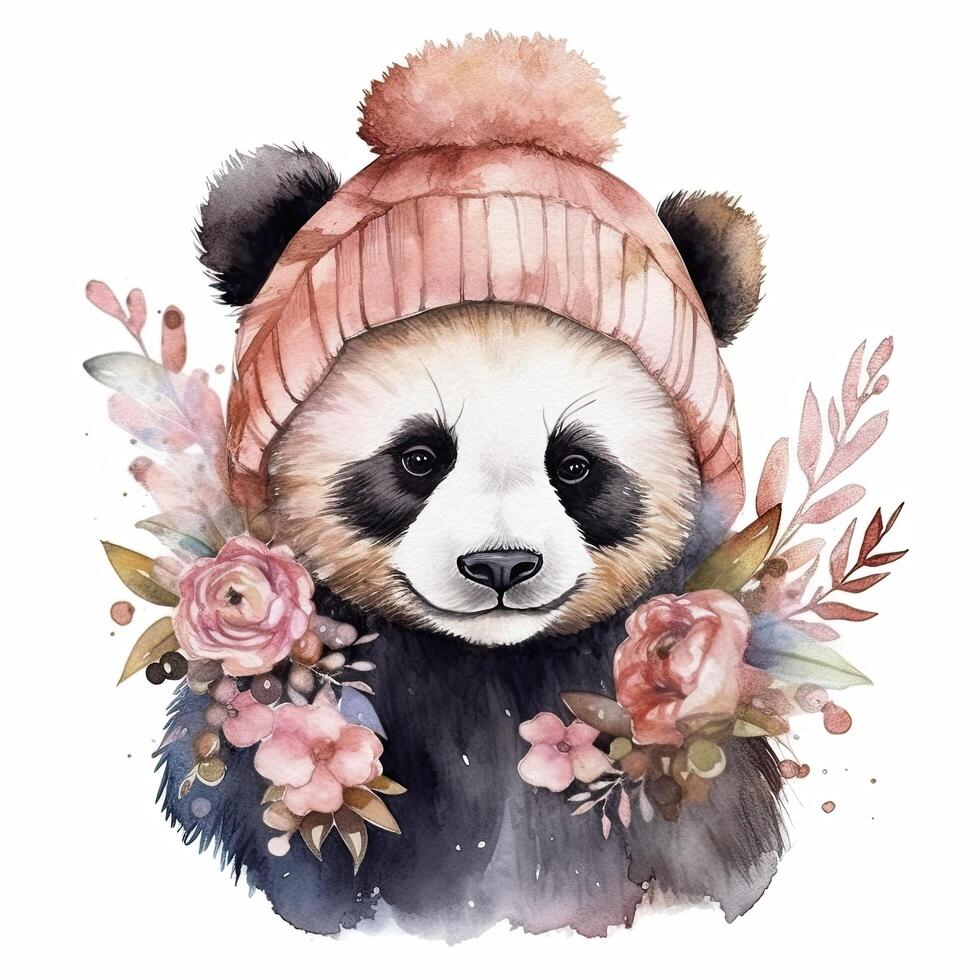 acuarela panda en sombrero con flores ilustración ai generativo foto