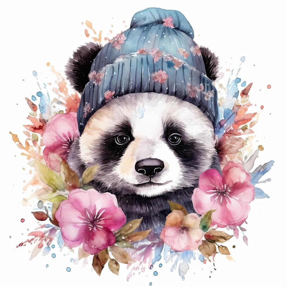 acuarela panda en sombrero con flores ilustración ai generativo foto