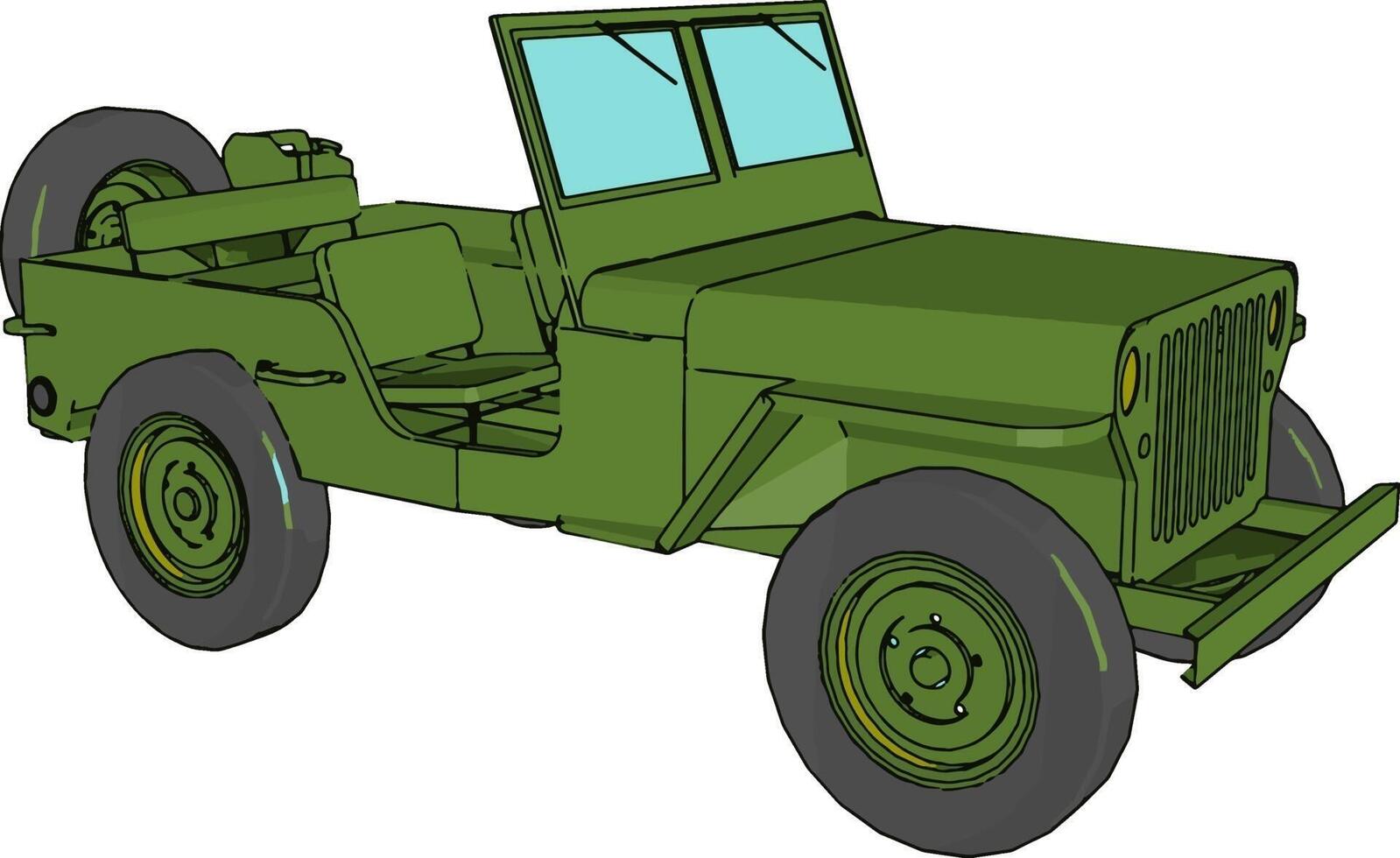 Green military jeep, illustration, vector on white background.