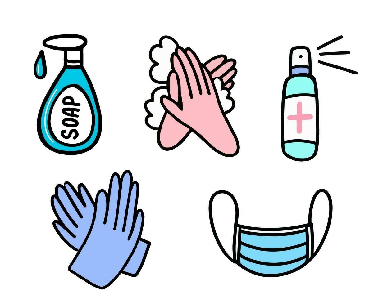 Hand sanitizer, medical mask, gloves and soap vector