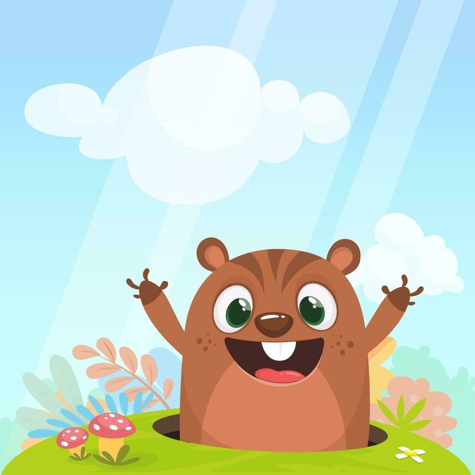 Happy cartoon groundhog on his day. Vector illustration. Groundhog day.