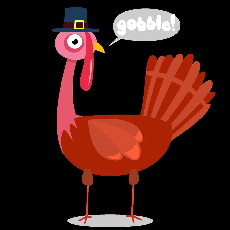 Cartoon turkey wearing a hat saying gobble vector