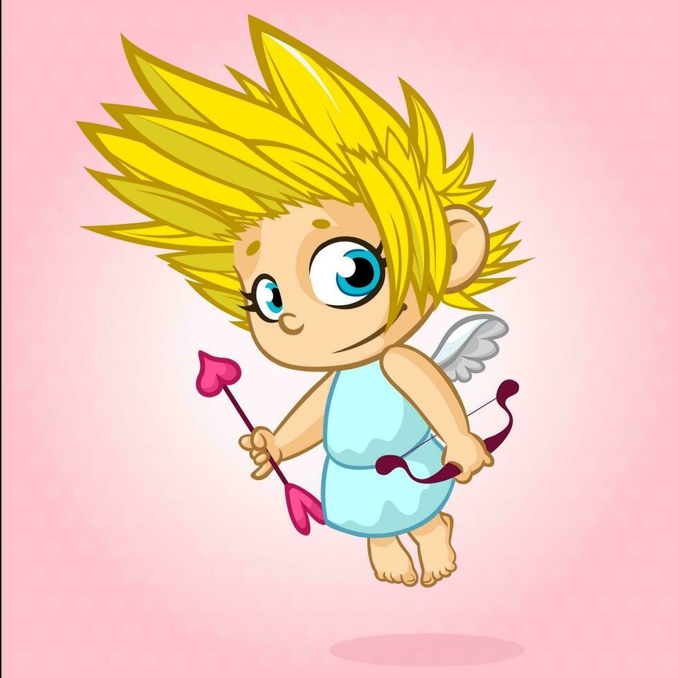 Funny cupid with bow and arrow. Illustration of a Valentine's Day. Vector. Isolated on rose background vector