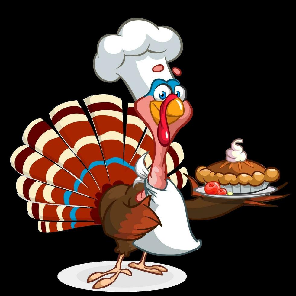 Thanksgiving cartoon turkey chief cook serving pumpkin pie. Vector illustration