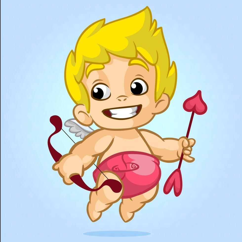 Funny cupid with bow and arrow aiming at someone. Illustration of a Valentine's Day. Vector. Isolated on blue background vector