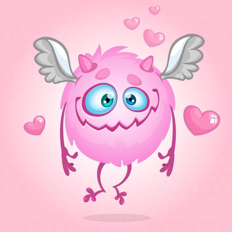 Cute pink monster with wings and hearts vector