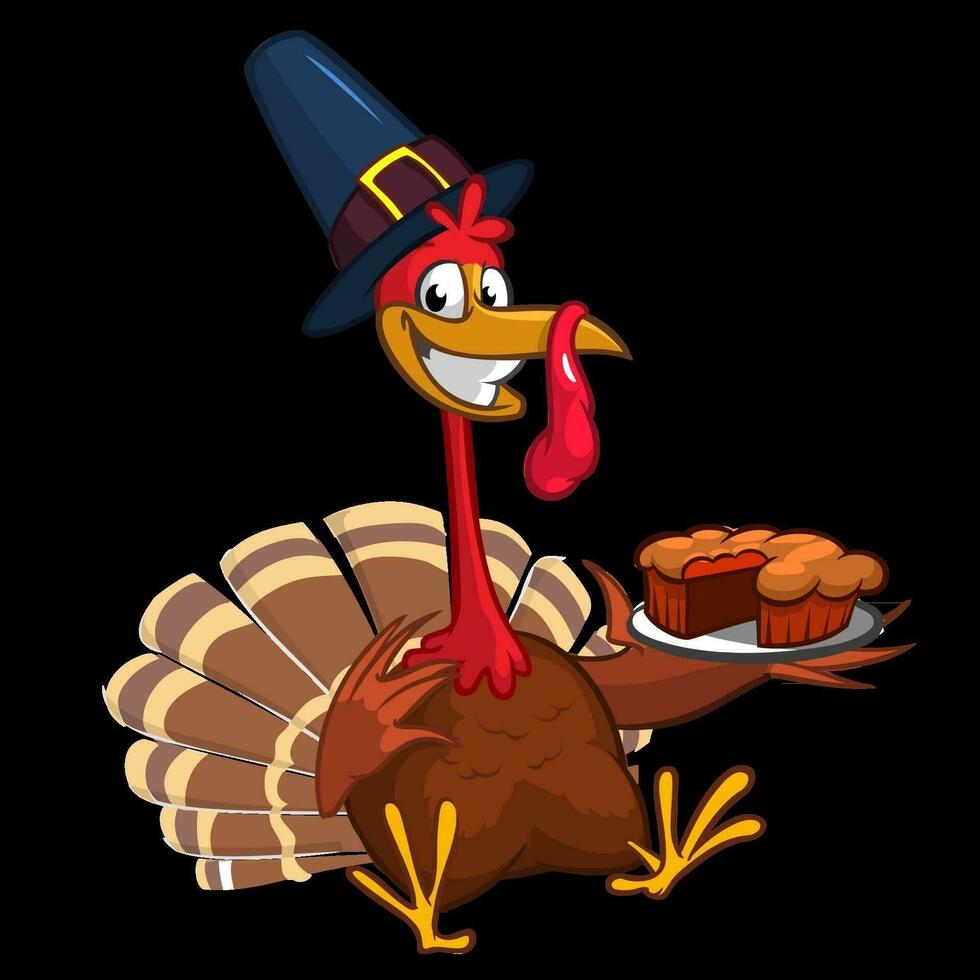 Thanksgiving cartoon turkey chief cook serving pumpkin pie. Vector illustration