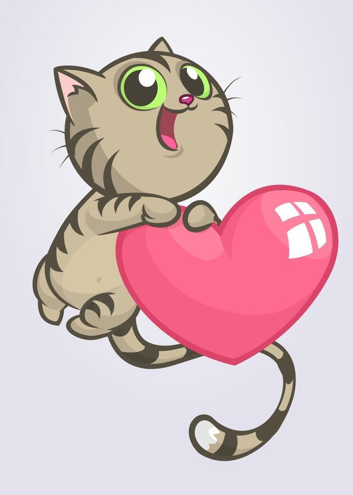 Cartoon funny kitty holding a love heart. Vector illustration of a cat in love for St Valentines Day. Isolated