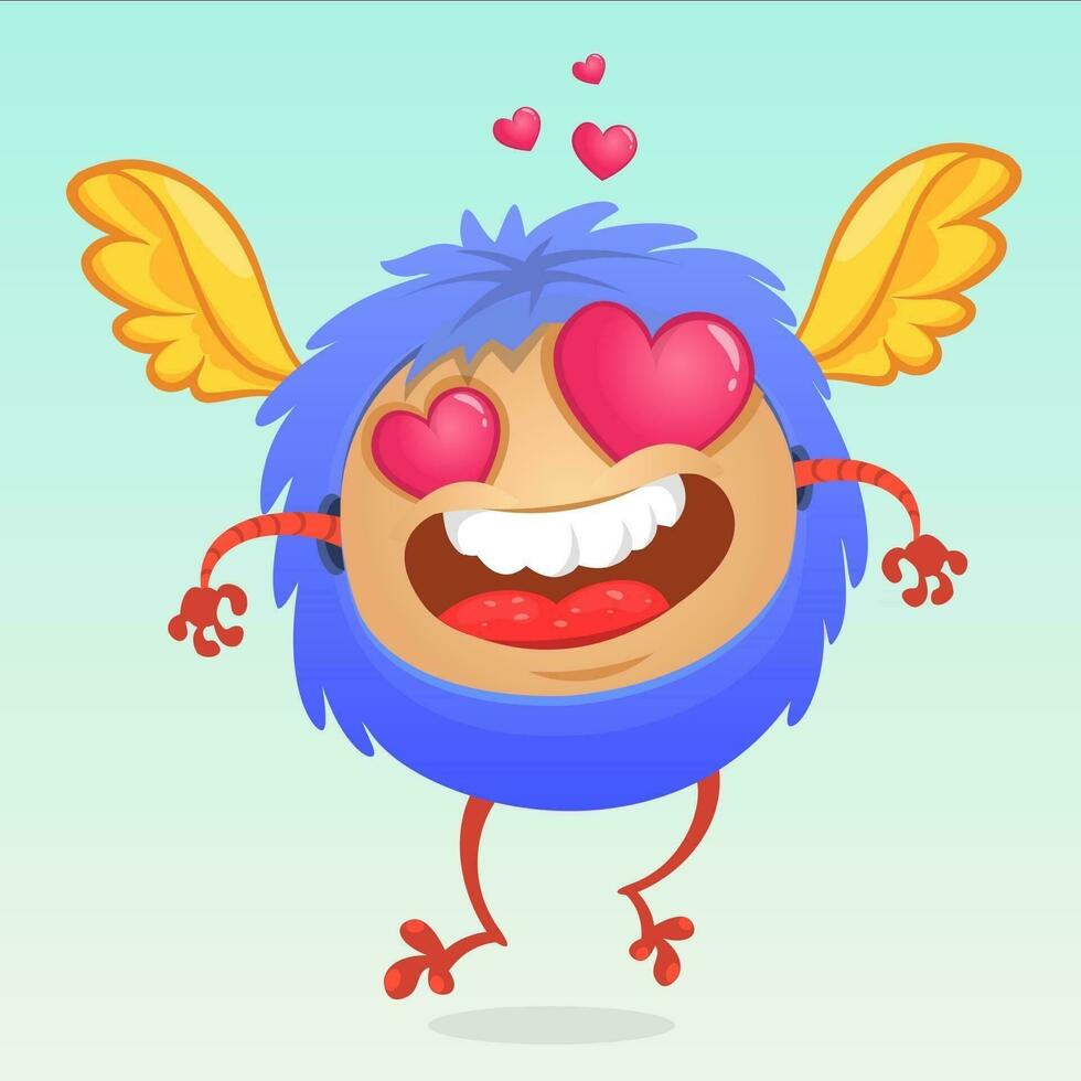 Cartoon blue horned monster in love. Saint Valentine monster. Vector Illustration Of Loving Monster And Hearts. Invitation card for party