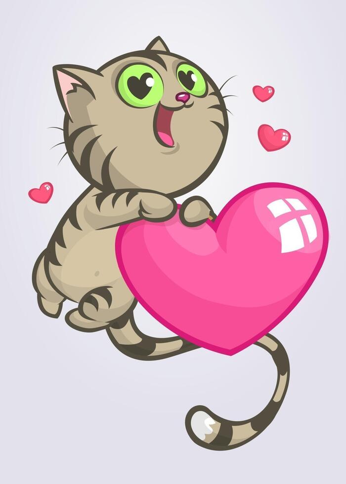 Cartoon funny kitty holding a love heart. Vector illustration of a cat in love for St Valentines Day. Isolated