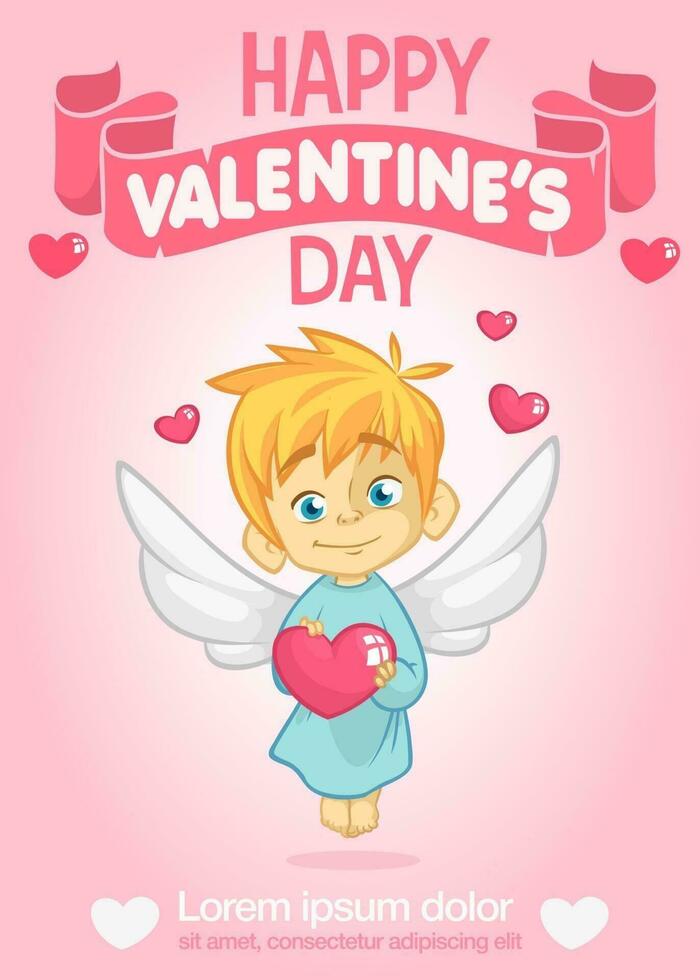 Poster with funny cupid cartoon character with bow and arrow. Vector illustration for Valentine's Day isolated on blue background.