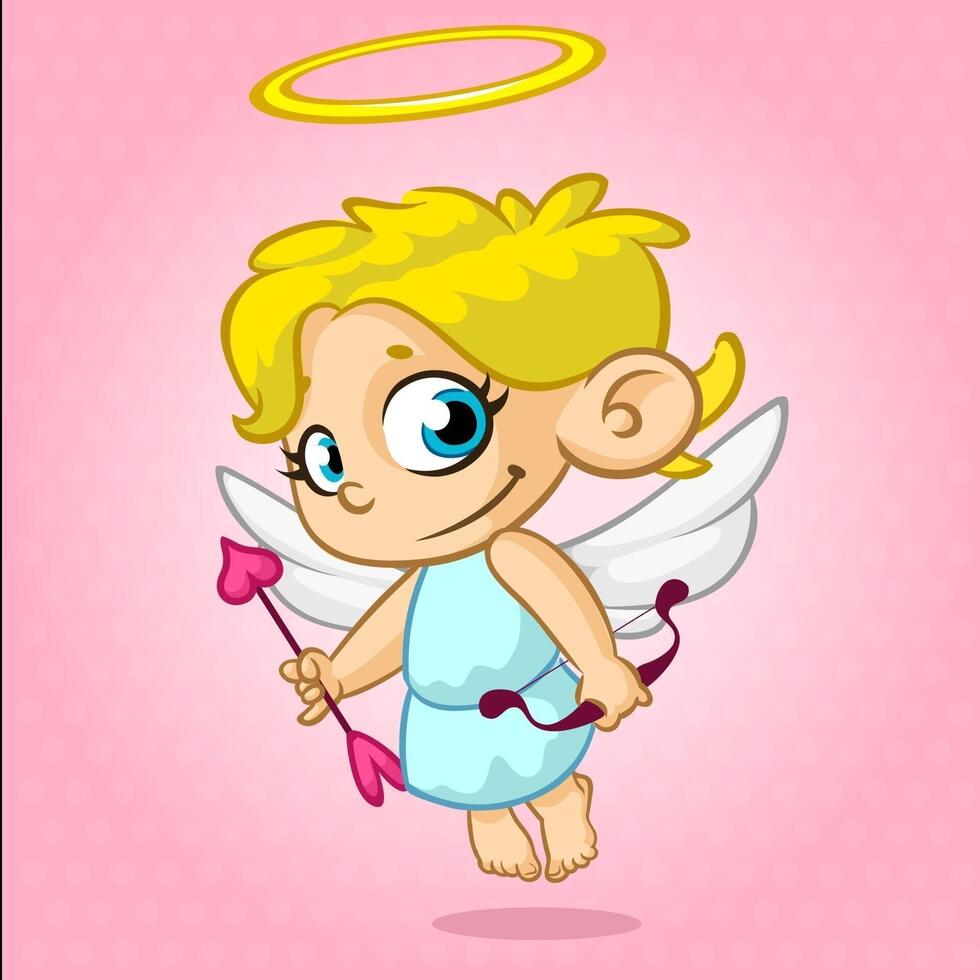 Funny cupid with bow and arrow. Illustration of a Valentine's Day. Vector. Isolated on rose background vector