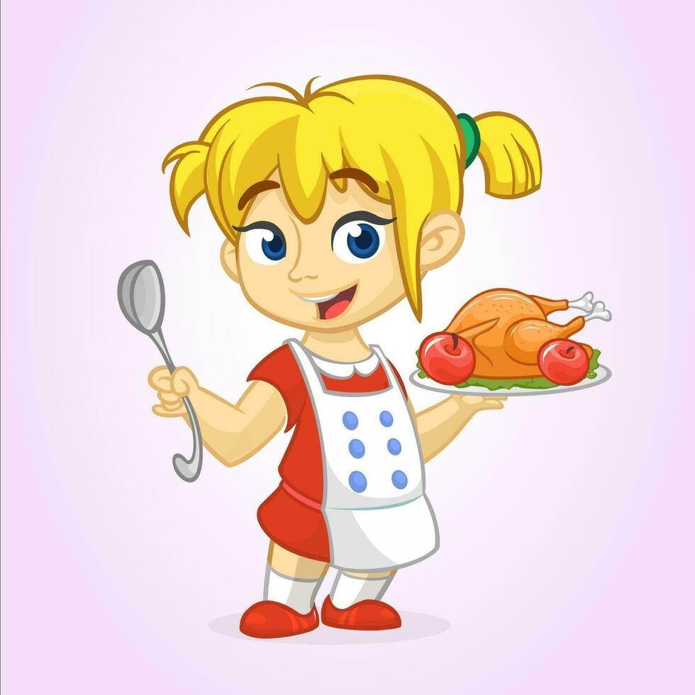 Cartoon cute little blond girl in apron and chef's hat serving roasted thanksgiving turkey vector