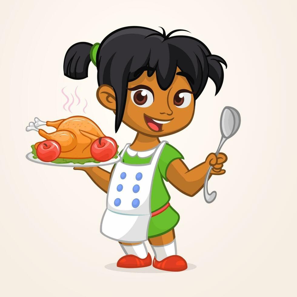 Cartoon cute little arab or afro-american girl in apron serving roasted thanksgiving turkey vector