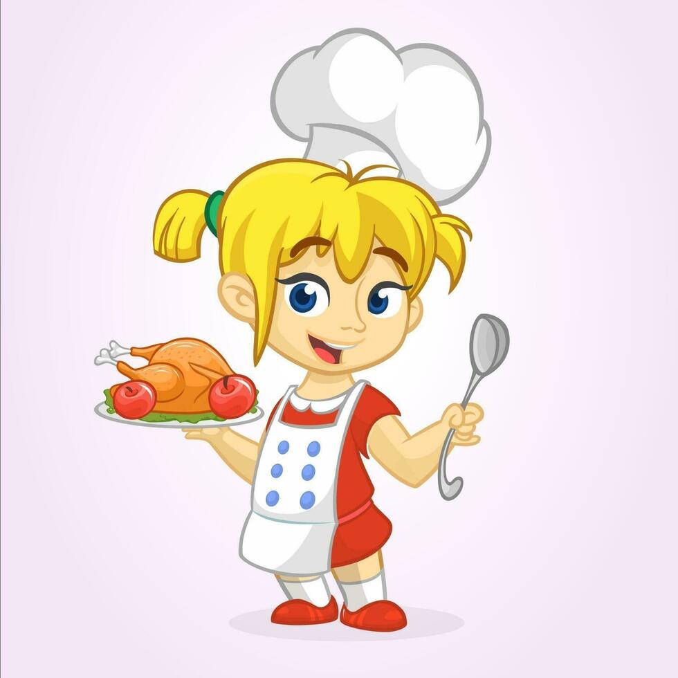 dibujos animados linda pequeño rubio niña en delantal y del chef sombrero servicio asado acción de gracias Turquía vector