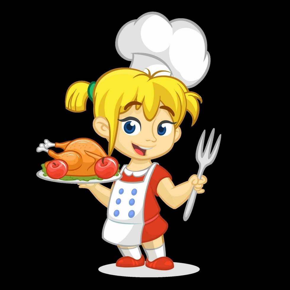 Cartoon cute little blond girl in apron serving roasted thanksgiving turkey. Vector poster illustration isolated. Thanksgiving design