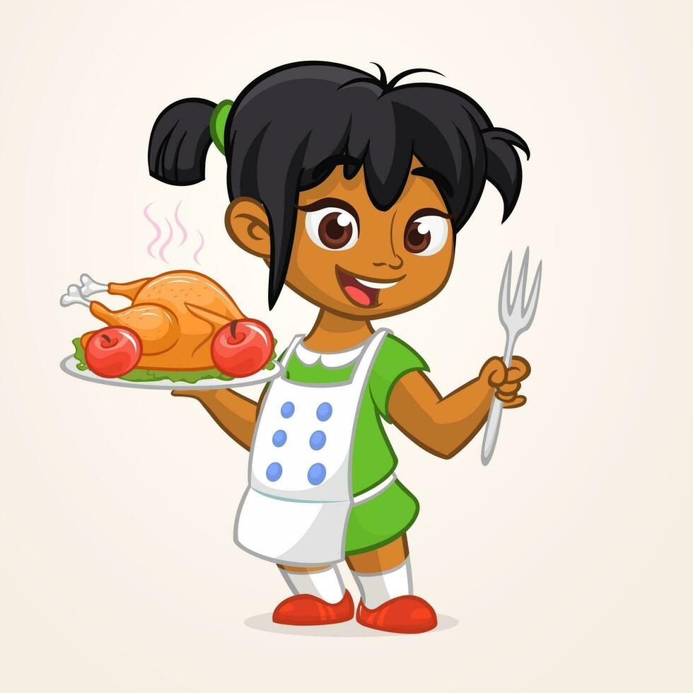 dibujos animados linda pequeño árabe o afroamericano niña en delantal servicio asado acción de gracias Turquía vector