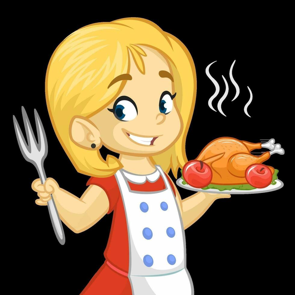 Cartoon cute little blond girl in apron serving roasted thanksgiving turkey. Vector poster illustration isolated. Thanksgiving design