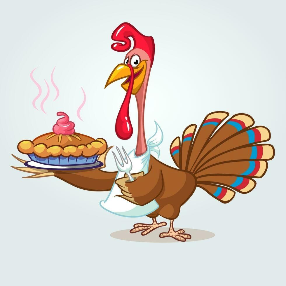 Thanksgiving funny cartoon turkey cook serving pumpkin pie and holding a fork. Vector cartoon isolated with contour