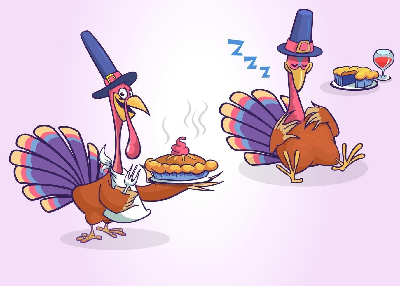 Cartoon set of two turkeys isolated. Vector turkey serving a meal with pie and sleeping