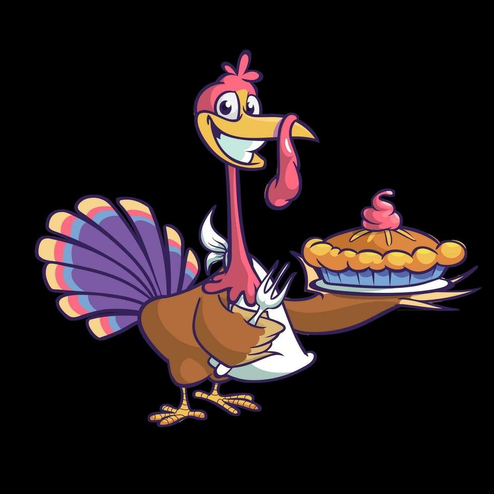 Thanksgiving Cartoon Turkey bird holding fork and pie isolated. Vector illustration of funny turkey character clipart