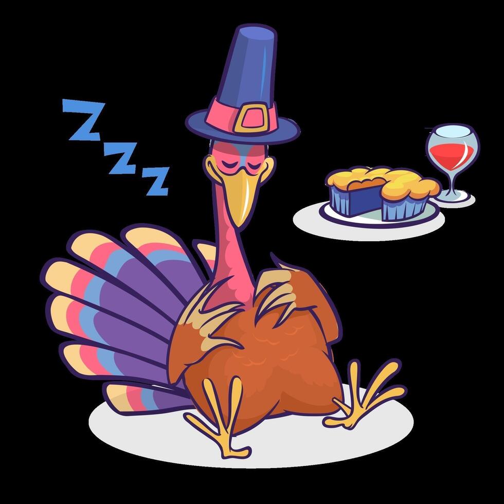 Cartoon turkey sleeping with food vector
