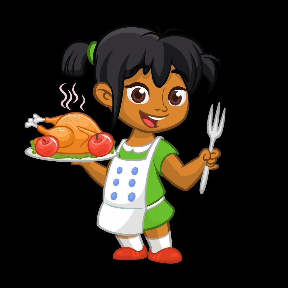 Cartoon cute little arab or afro-american girl in apron serving roasted thanksgiving turkey dish holding a tray and fork. Vector illustration isolated. Thanksgiving design