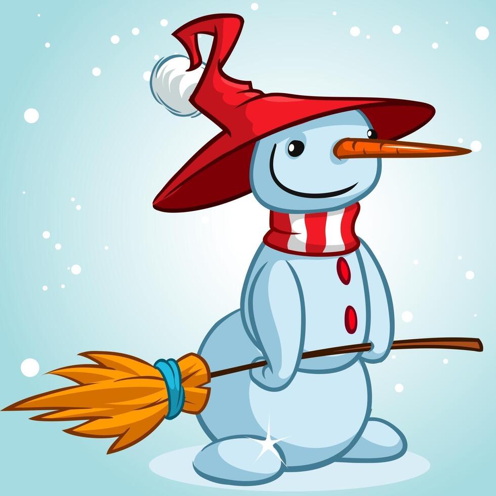 Cartoon snowman with a broom vector