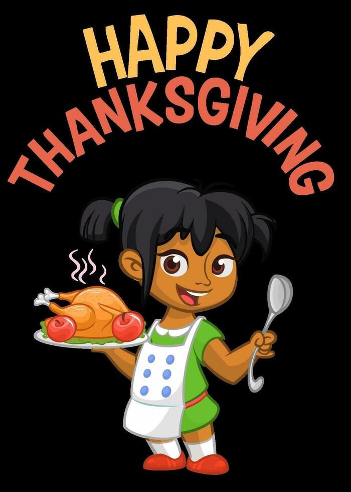 Cartoon cute little arab or afro-american girl in apron serving roasted thanksgiving turkey dish holding a tray and fork. Vector illustration. Thanksgiving design