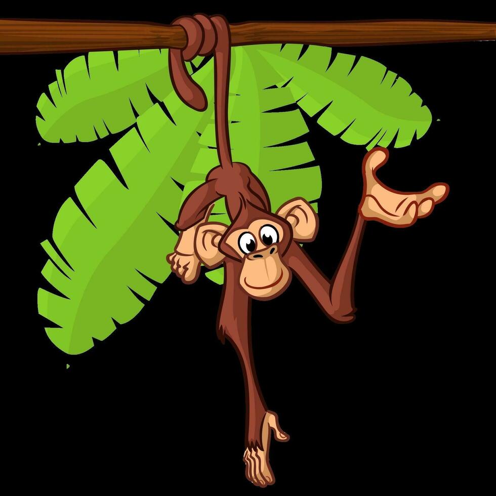 Cute cartoon  monkey hanging on the tree branch with his tail vector