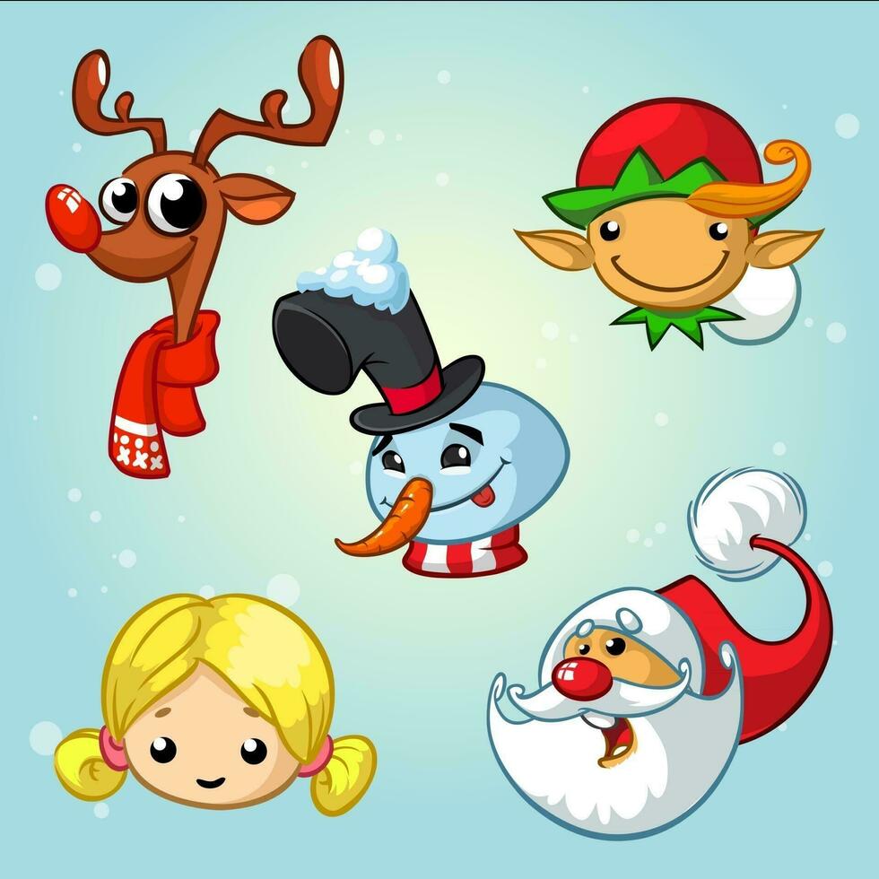 Set of Christmas characters. Vector cartoon head icons of Santa Claus, reindeer, elf, snowman, angel