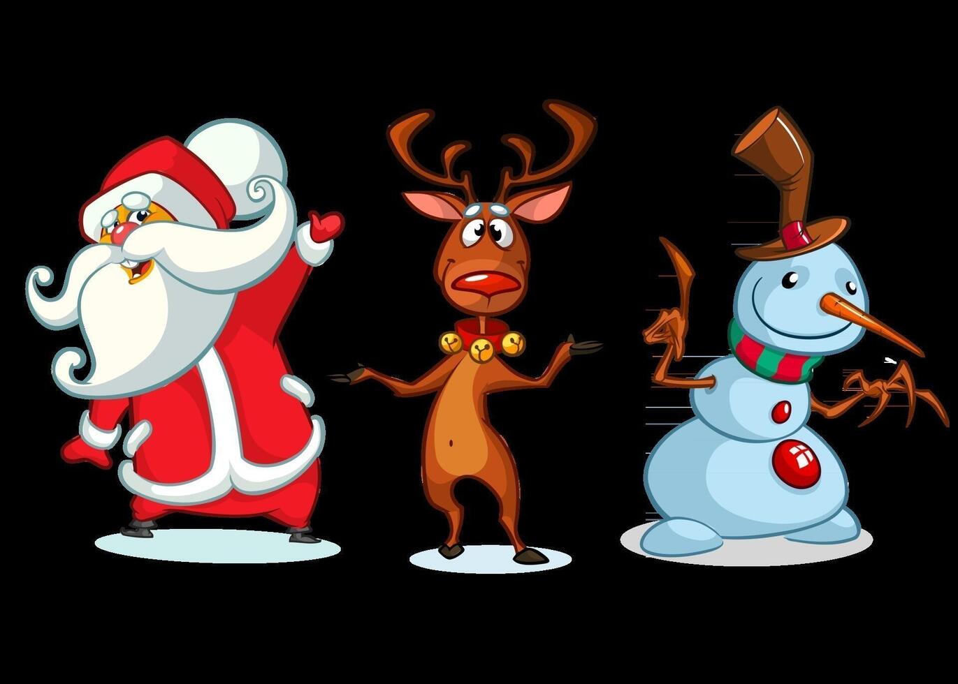 Christmas cartoon characters set. Vector illustration of Christmass reindeer, snowman and Santa Claus