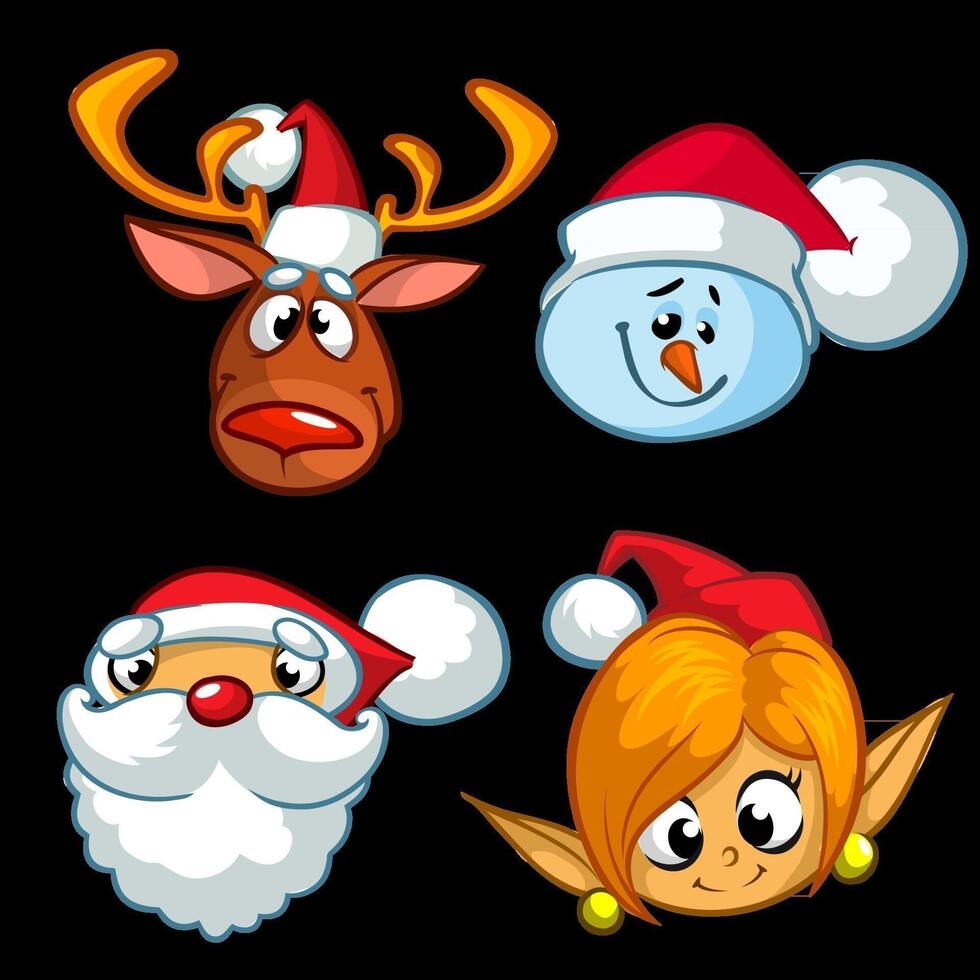 Set of Christmas characters. Vector cartoon  icons of Santa Claus, reindeer, elf, snowman.